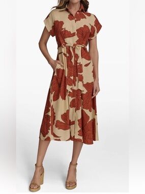 Donna Karan New York Drawstring Linen Blend Floral Shirtdress Cinnamon Size 14